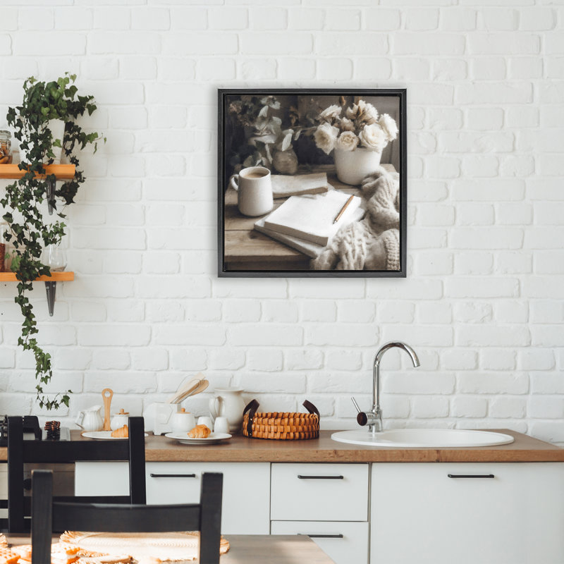 Cadre flottant Morning Coffee & Journaling, design par Riley B, Cadre flottant noir de jais, H 18 po x l 18 po