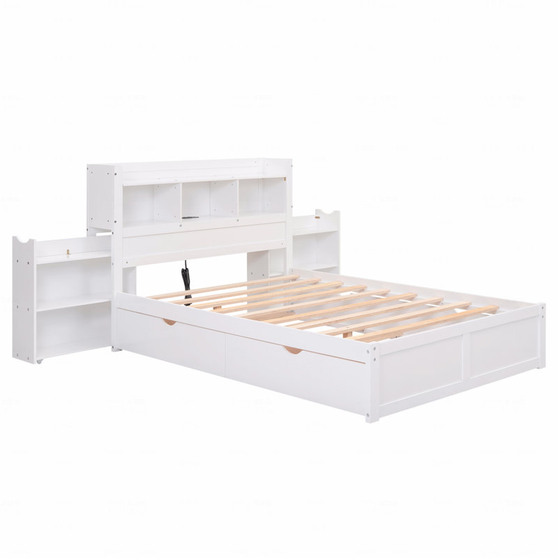 Full Size Storage Platform Bed With Pull Out Shelves, Twin Size Trundle And 2 Drawers, White