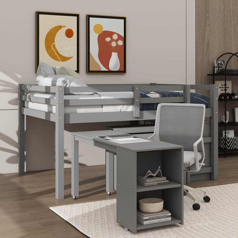 Lit mezzanine à profil bas avec armoires, tablettes et bureau portatif, Gris