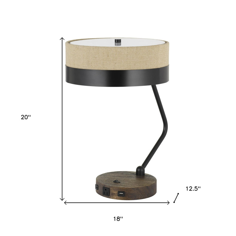 Lampe de bureau à abat-jour en métal avec base en bois, beige et noir