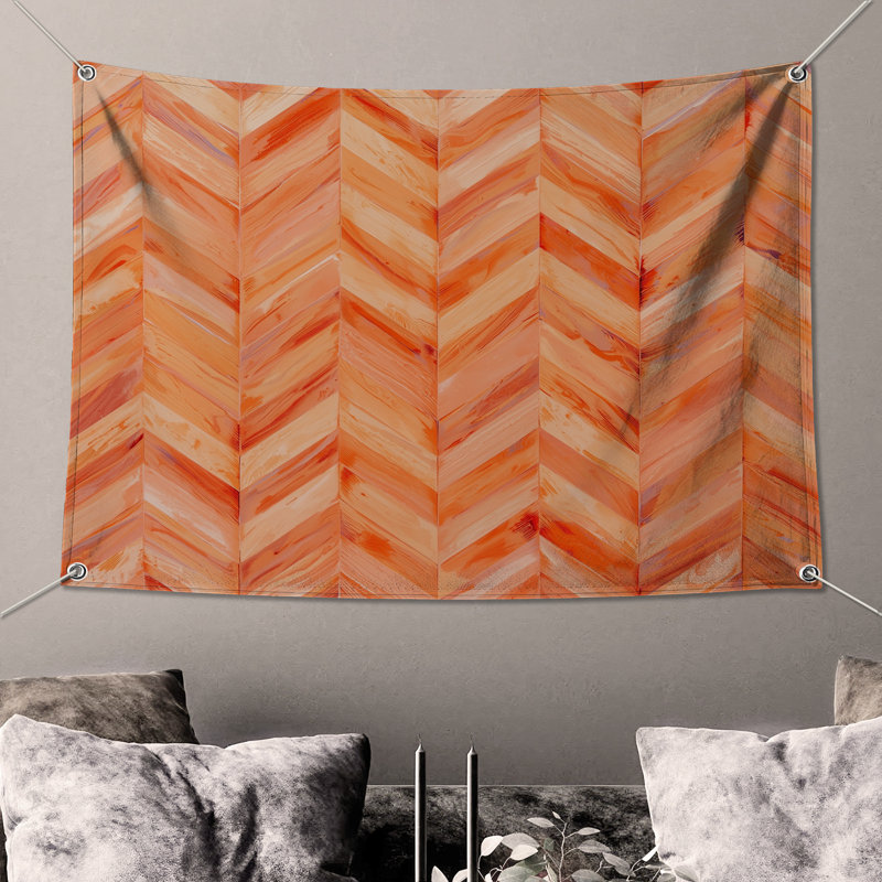Tapisserie murale à motif de chevrons orange - Décoration murale à chevrons, H 68 po x l 80 po avec 4 œillets