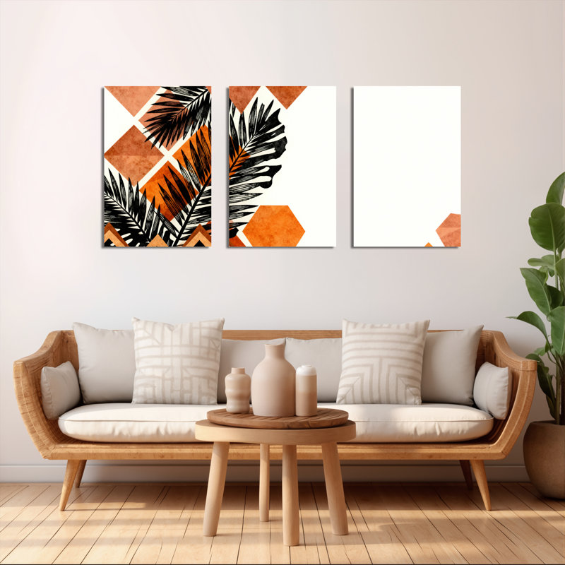 Feuille de palmier tropical et motif géométrique orange sur toile, style bohème moderne (ensemble de 3), H 24 po x l 48 po