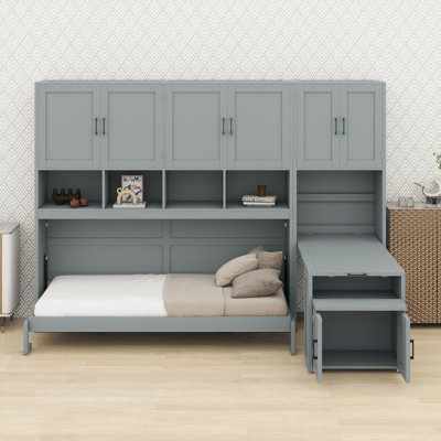 Lit escamotable peu encombrant avec armoire intégrée, tablettes ouvertes et bureau intégré