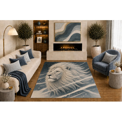Tapis « Ultra Léger » 152 x 213 cm (5 pi x 7 pi) Lion blanc, style moderne hivernal, motif animalier bleu, gris et ivoire, idéal pour le salon, la chambre, le bureau ou un chalet. Dos en silicone antidérapant, poils courts.