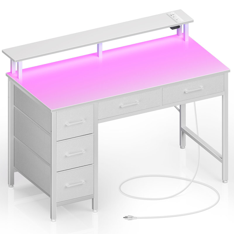 Linze Computer Desk w/ Monitor Shelf, RGB LED Lights, USB Ports & Drawers, White, 35.20"H x 39.40"W x 18.50"D