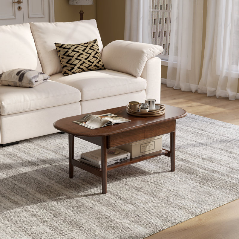 39"W Solid Oak Mid-Century Modern Coffee Table with Drawer and Storage Shelf, 16.54" H x 39.37" L x 19.69" W, Brown Oak