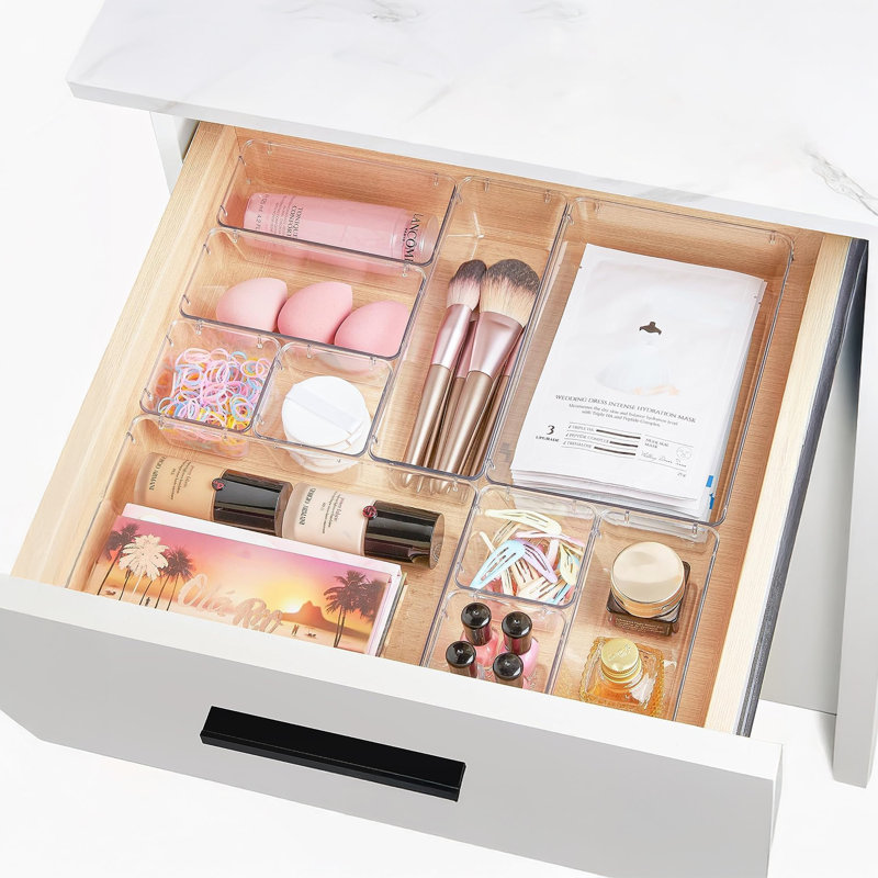  25 Piece Clear Plastic Drawer Organizer Set with Stackable Design 4 Sizes