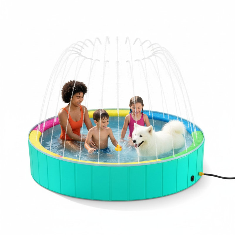 Piscine pour chien pliable 79 po avec arrosage, PVC pour animaux de compagnie, L 6,58 po x H 12 po, Vert