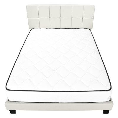 Queen Size Bed With Button Beige Headboard And Wood Slats Low Profile Foam Padding Upholstery