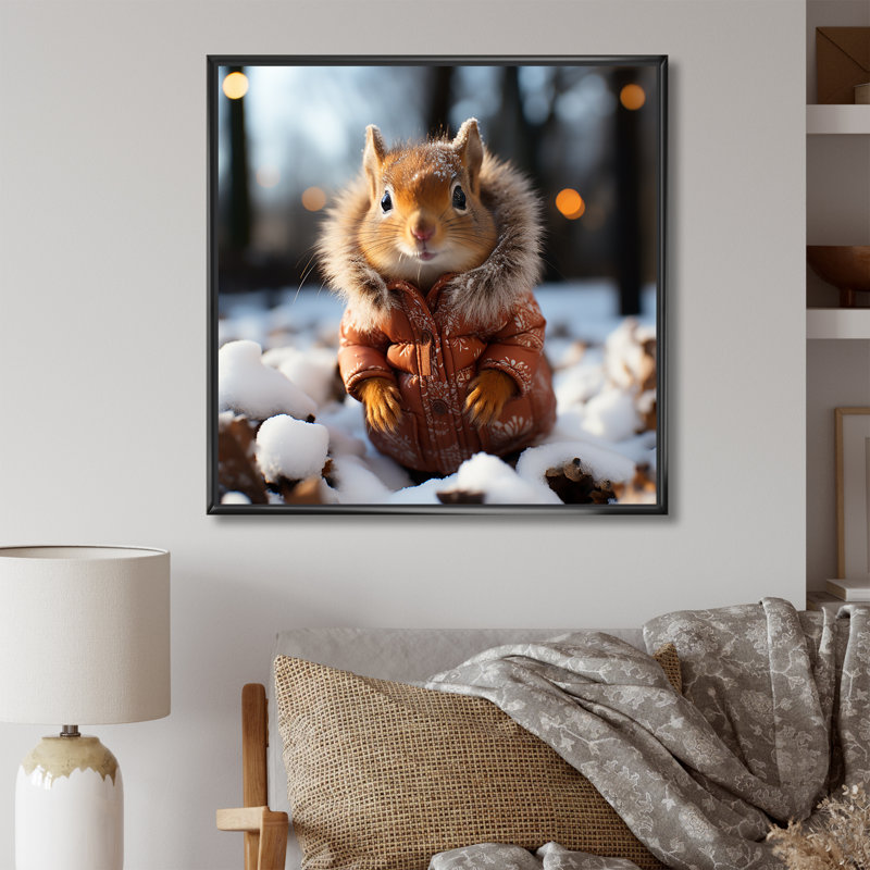 Mignon écureuil avec écharpe dans la neige IV - écureuil, art mural animal, Cadre flottant noir, H 36 po x l 36 po x P 1,5 po