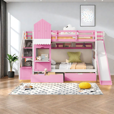 Lits superposés robustes avec rangement, maisonnette en bois massif pour enfants