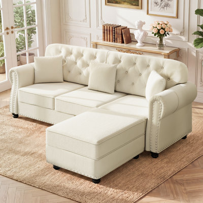 Canapé Chesterfield 82,6 po 3 places rembourré en chenille, canapé capitonné moderne de style Mid-Century avec repose-pieds et 3 coussins décoratifs