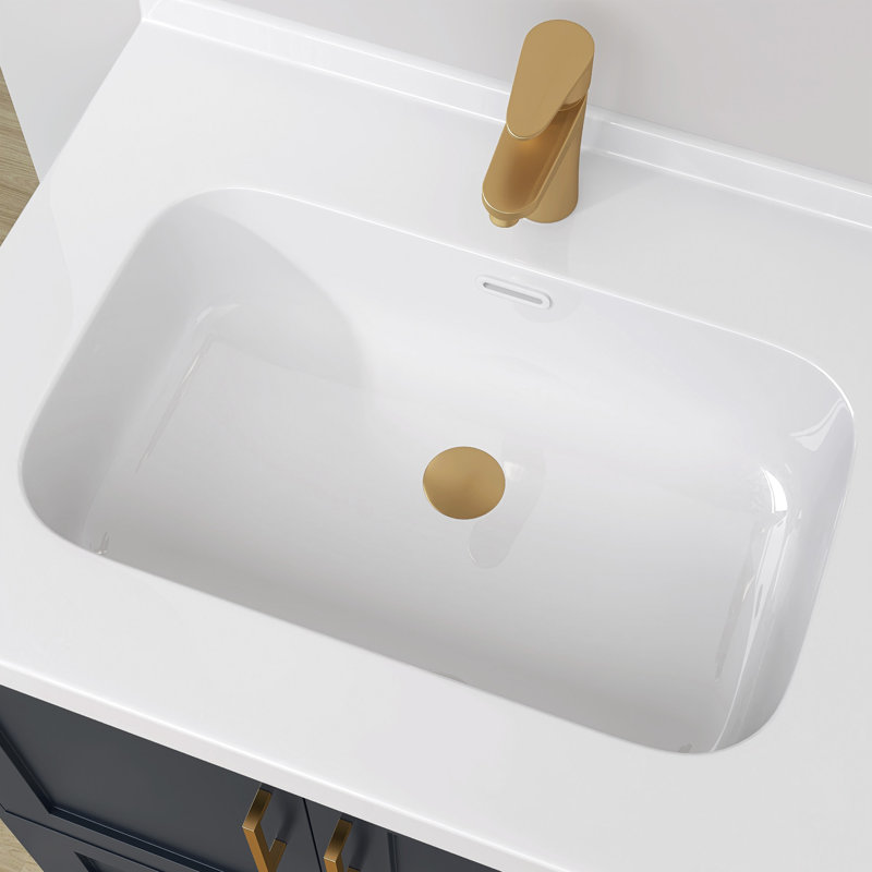 42 Inch Solid Surface Bathroom Vanity Top with Left SIde Integrated Sink, Bright White 2" Thick Modern Countertop, 1.38" Rear Backsplash, Smooth Edge Design, Waterproof & Easy Install
