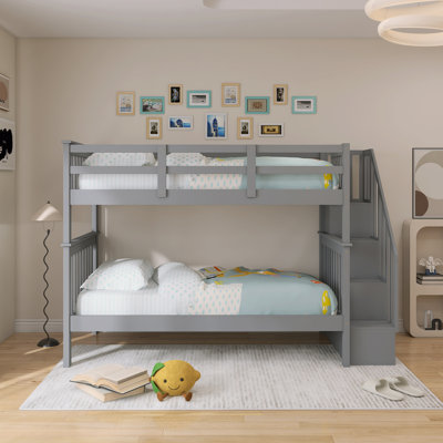 Solid Wood Twin-Over-Twin Bunk Bed with Storage and Guard Rail for Bedroom, Dorm, Gray Color