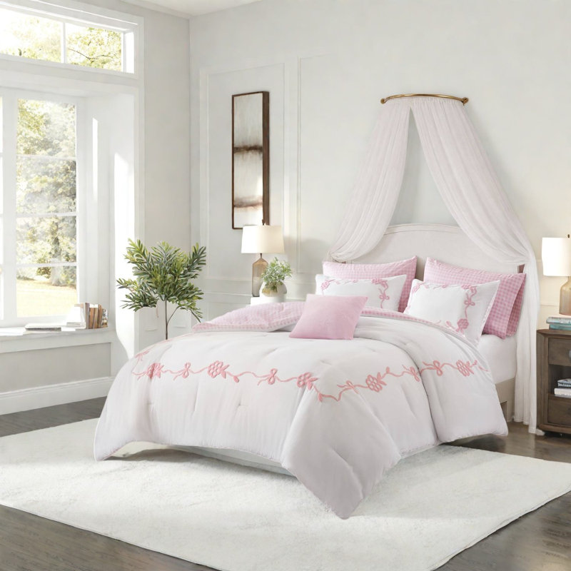 Ensemble de literie pour grand lit rose, édredon en microfibre avec broderie à nœuds floraux