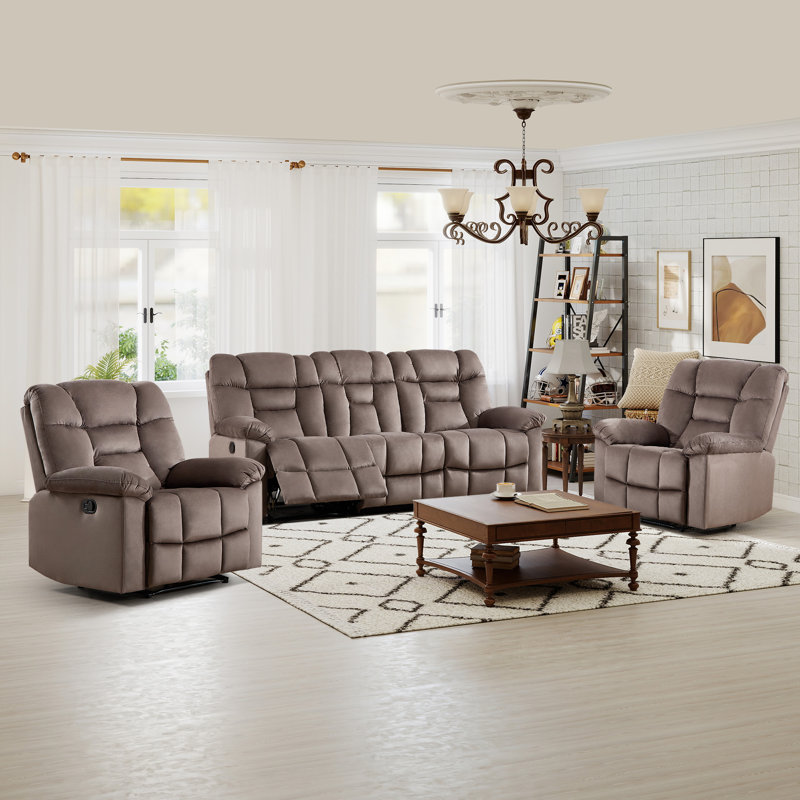 3-Piece Contemporary Manual Reclining Set With 2 Recliner Chairs & 3-Seat Sofa, Mocha Brown