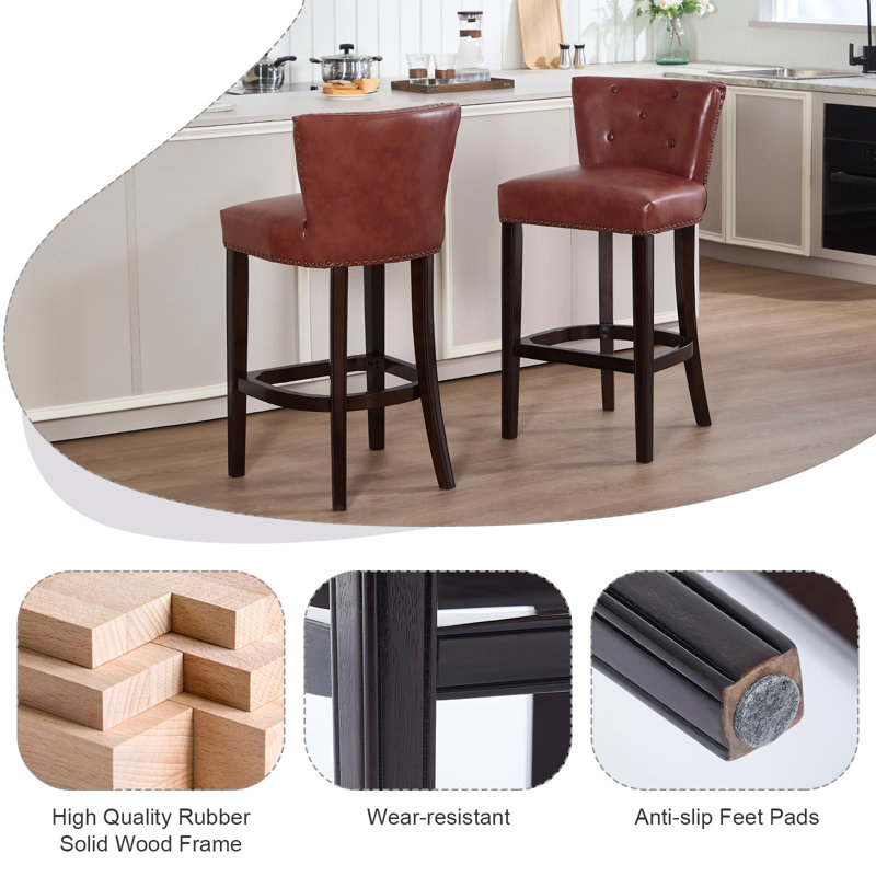 Ensemble de 2 tabourets de bar avec dossier, siège en cuir véritable et structure en bois massif, chaises à hauteur de comptoir pour îlot de cuisine et salle à manger
