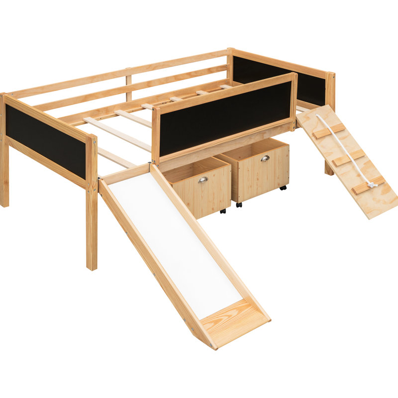 Twin Size Loft Bed - Solid Pine, Climbing Adventure, Slide & Storage Zone Place, Natural