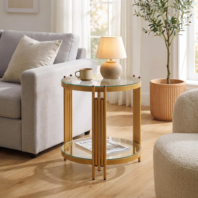 Table d'appoint ronde moderne de 50 cm (19,7 po) en verre trempé avec rangement à 2 niveaux
