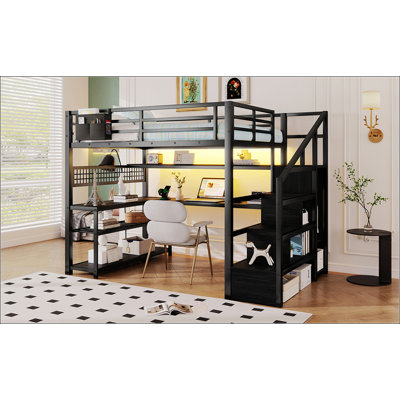 Full Size Metal Loft Bed With Staircase, Wardrobe, Desk, Storage Shelves, LED Lights, And Charging Station