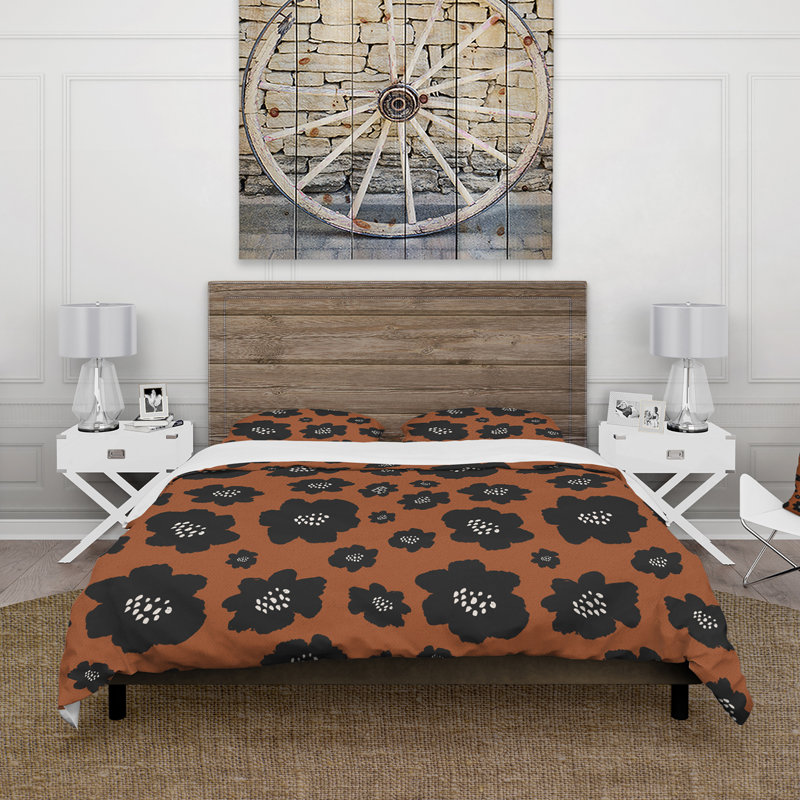 Fleurs noires sur terre cuite - ensemble de housse de couette moderne - microfibre de polyester