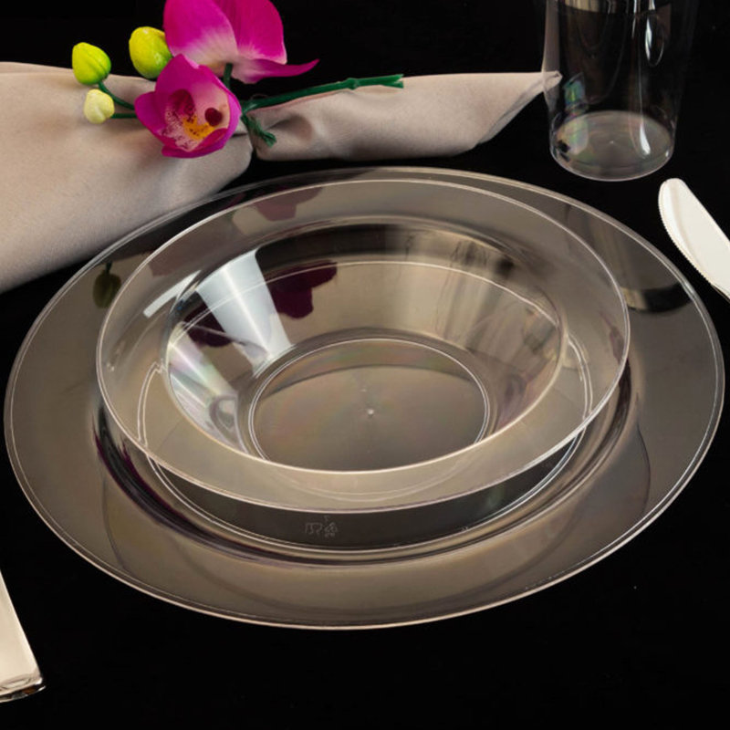 Assiettes en plastique transparentes rondes 10,25 pouces Ecoqualité Collection Mod 100 invités