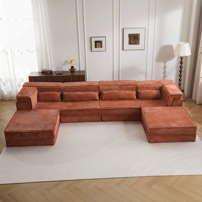 Canapé à compression, canapé convertible au sol, canapé modulaire désossé bricolage, aucun assemblage requis, tissu polaire circulaire, surdimensionné à 4 places avec 2 repose-pieds, orange