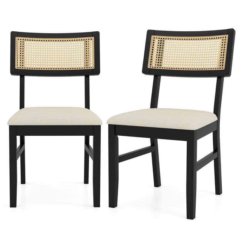 Rattan Dining Chairs Set of 2 with Padded Seat, Rubber Wood Legs & Curved Backrest, 2