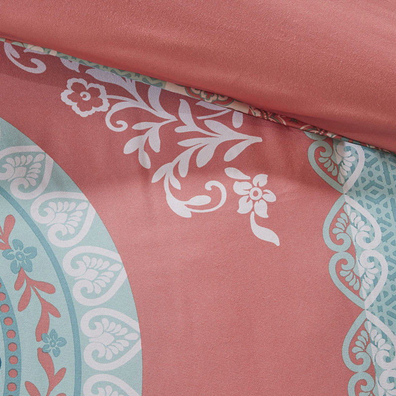 Édredon double avec draps - Drap-housse en médaillon Coral, Édredon double et 2 taies décoratives, Corail