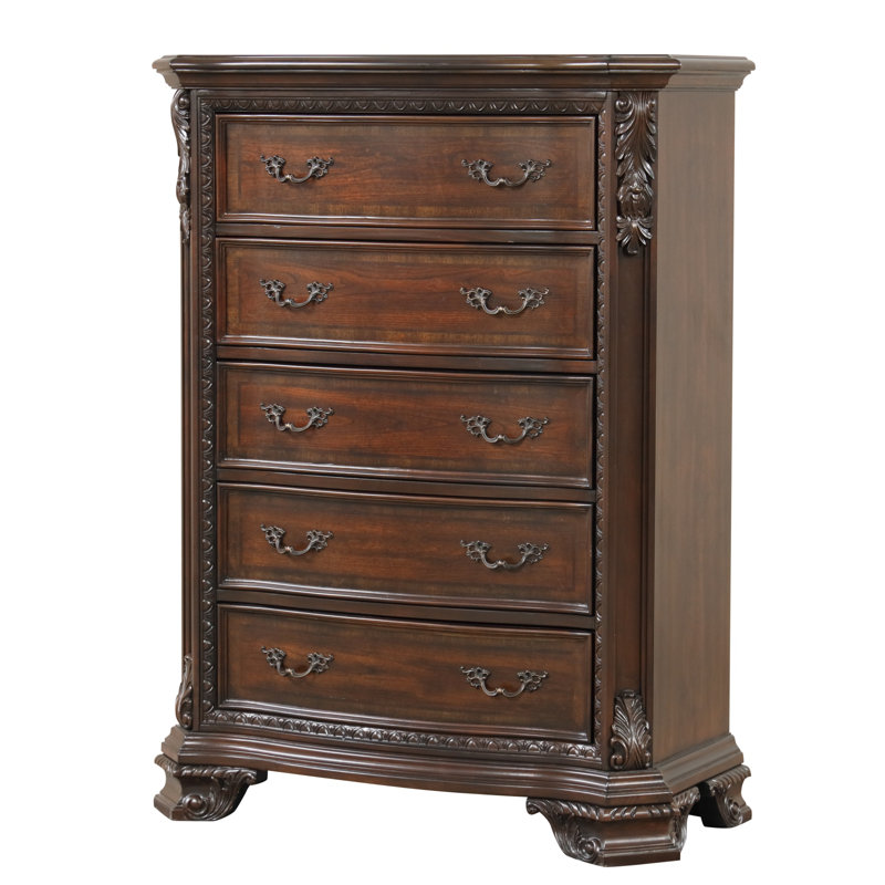 Commode à 5 tiroirs de style traditionnel avec poignées de tiroir en métal en bois de noyer
