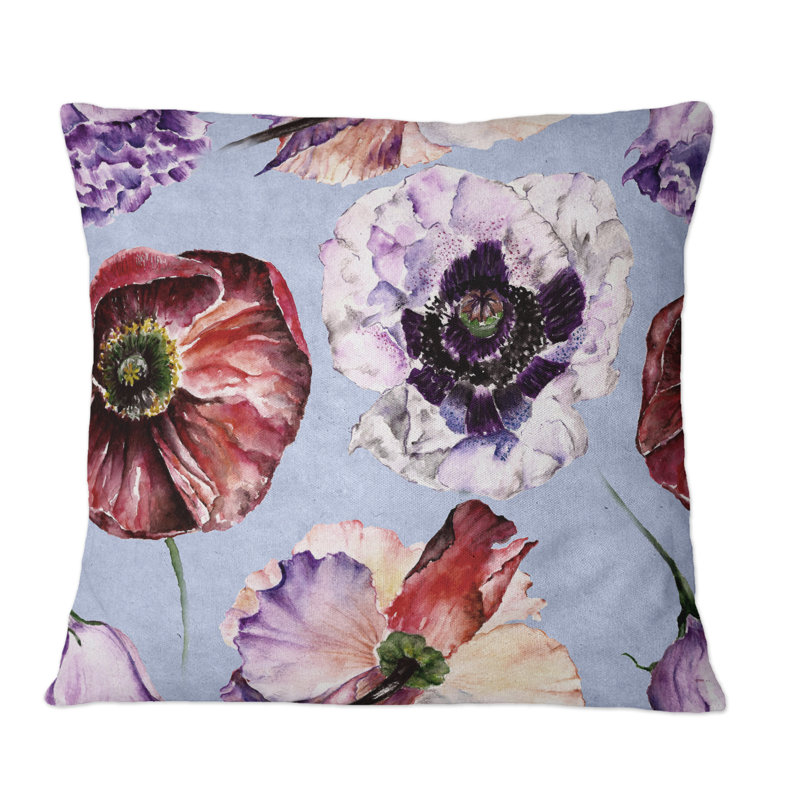 Coussin rouge à motif coquelicots et fleurs blanches sur fond bleu, 16 po x 16 po