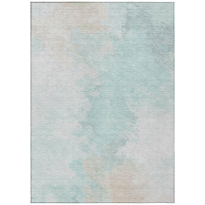 10' X 14' Pale Aqua Beige And Ivory Abstract Washable Indoor Outdoor Area Rug