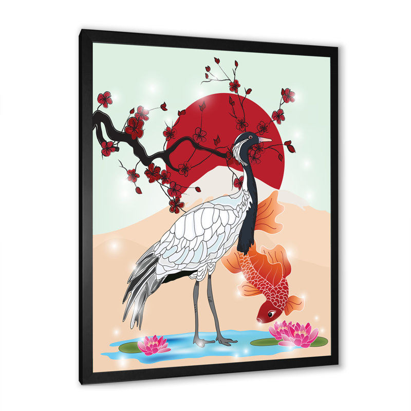 «Crane Bird and Koi Fish», impression sur toile encadrée, H 32 po x l 24 po x P 1 po, Cadre noir