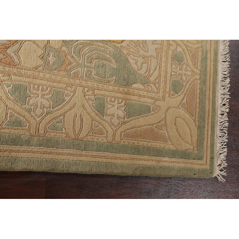 Tapis beige en laine noué à la main de conception unique 6 pi x 9 pi 5 po New Age