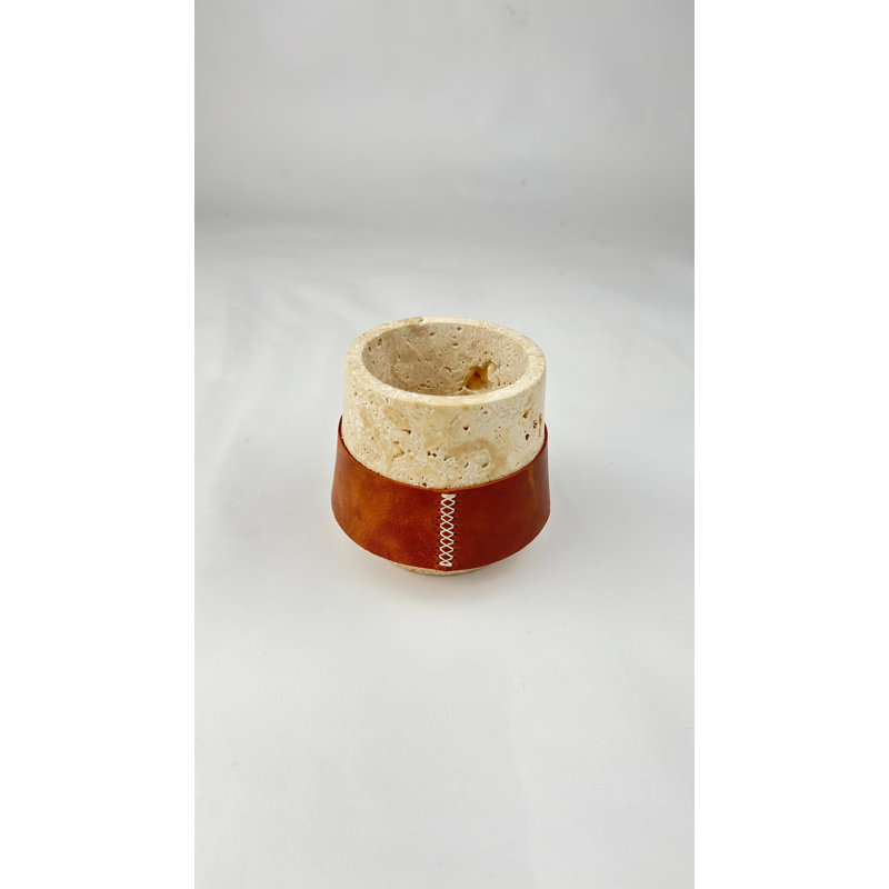 Leather Decorated Travertine Large Candle Holder
