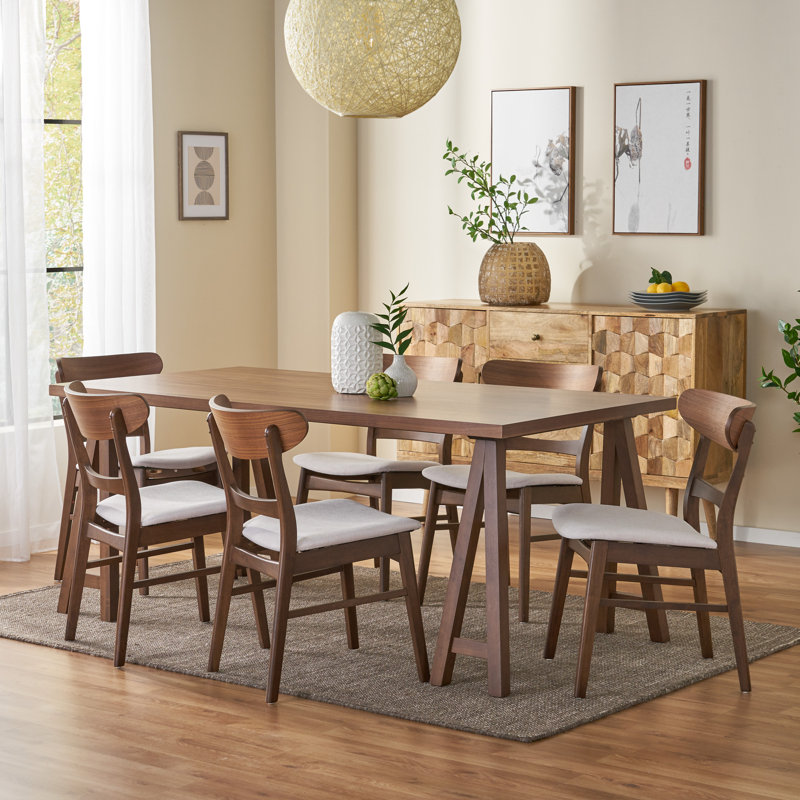 6 - Person Four Leg Dining Set, Walnut, Light Beige