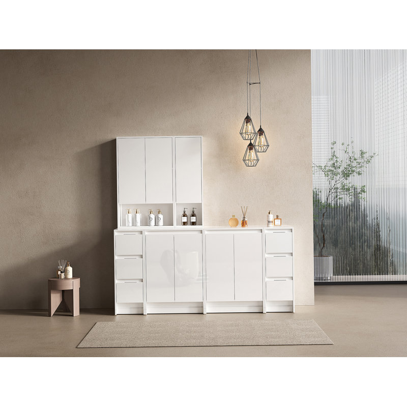 Ensemble de meuble-lavabo autoportant 72 po, 4 armoires de rangement et 2 armoires murales, portes et tiroirs à fermeture en douceur, blanc brillant, contreplaqué