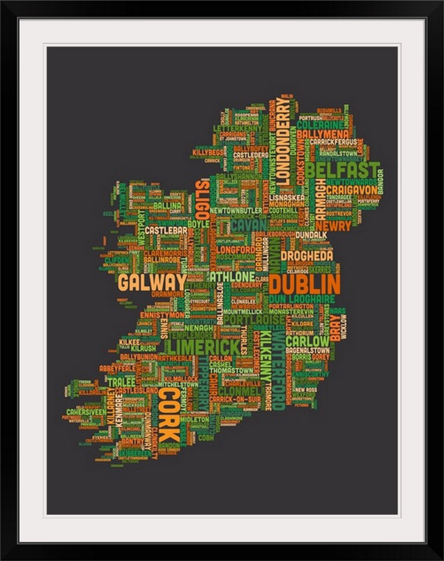Francy «Irish Cities Map» par Michael Tompsett - impression d'art graphique, l 44 po x P 35 po x H 1 po, Cadre noir