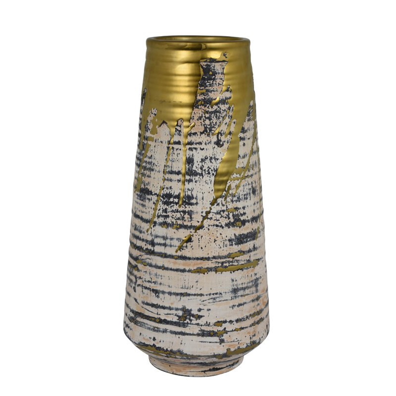 Vase doré, texture côtelée, gris vieilli et céramique blanche 14 pouces