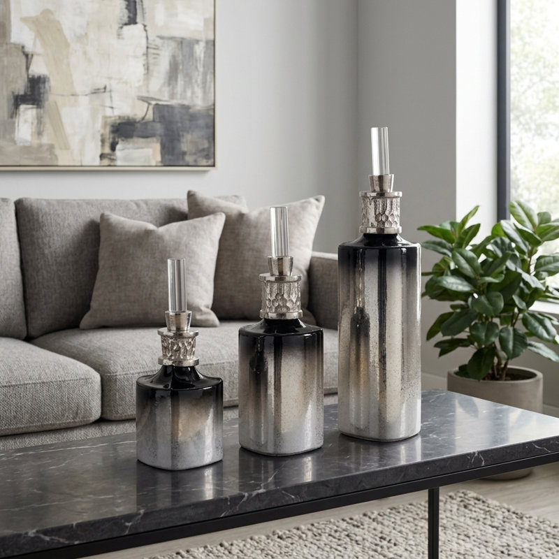 Vase contemporain en verre avec couvercle en métal et couvercle en métal pour décoration intérieure - Ensemble de 3 vases décoratifs