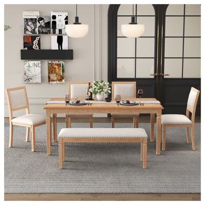 TREXM Vintage Extendable Dining Table Set for 6 with 4 Chairs in Beige and Natural Wood Wash