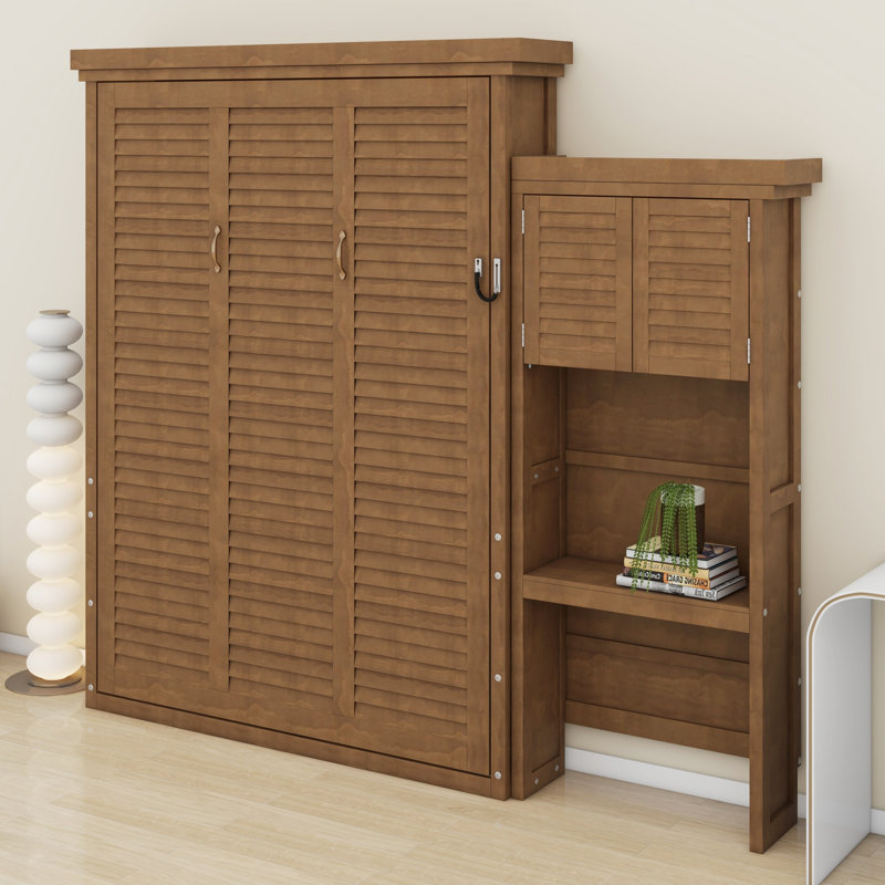 Lit escamotable minimaliste avec tablettes décoratives et de rangement à persiennes, Wood
