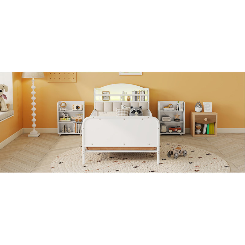 Lit simple en métal avec bande à DEL, tête de lit tapissier confortable et rangement facile à tirer, blanc pour cadre de zone de sommeil 60000 lumières de couleur, coins arrondis, espace