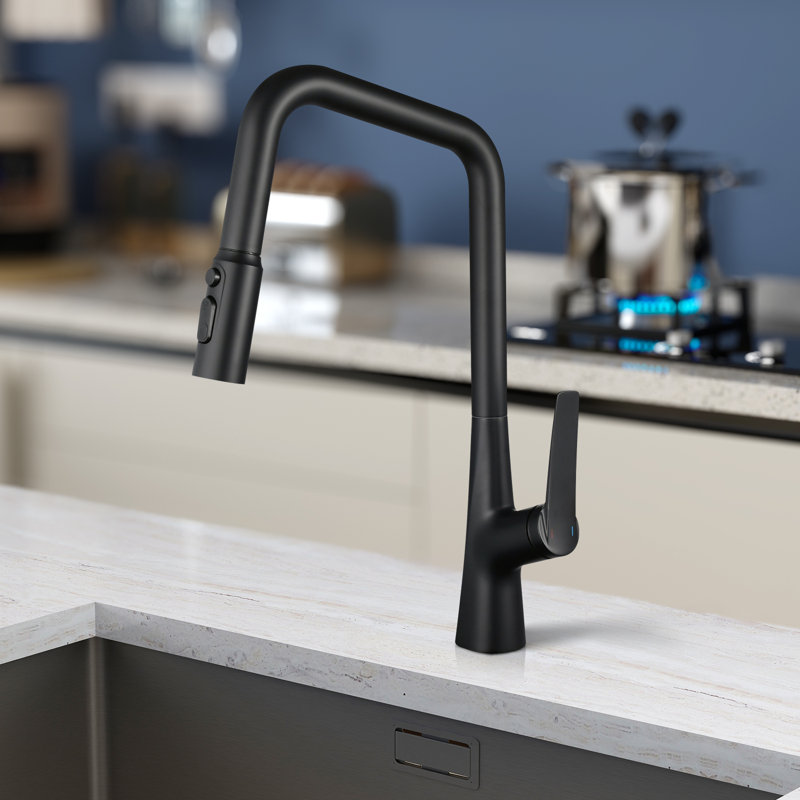 Topcraft Single-Hole Single-Handle Pull-Down Kitchen Faucet, Matte Black
