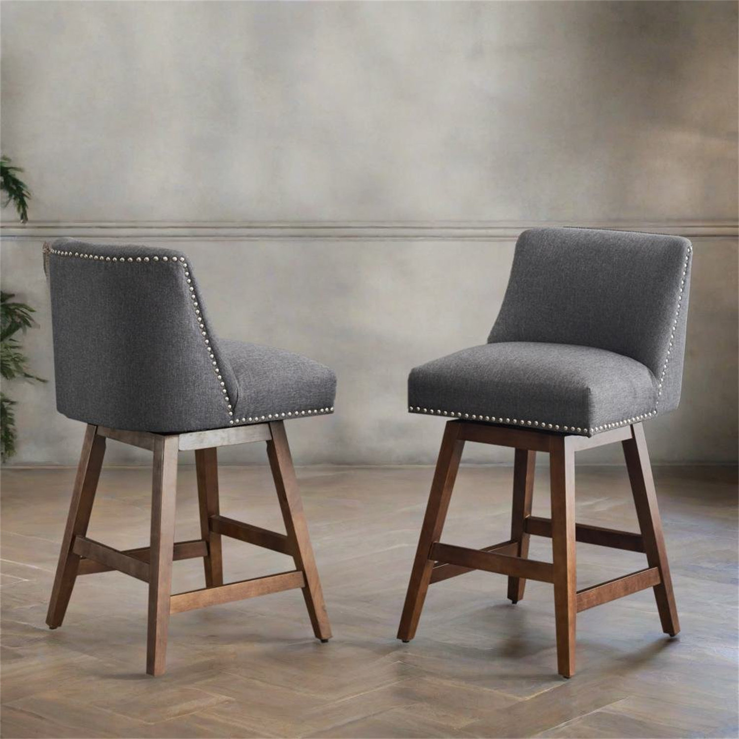 Everly Quinn Minnelli Swivel Upholstered 26'' Counter Stool with Solid