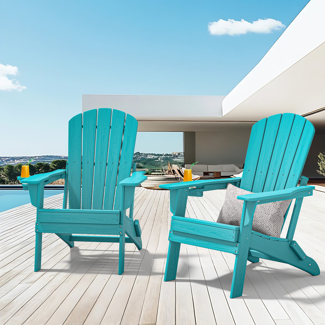Set of 2 Folding Adirondack Chairs, Wood Texture, Cup Holder, All-Weather HDPE Highland Dunes 