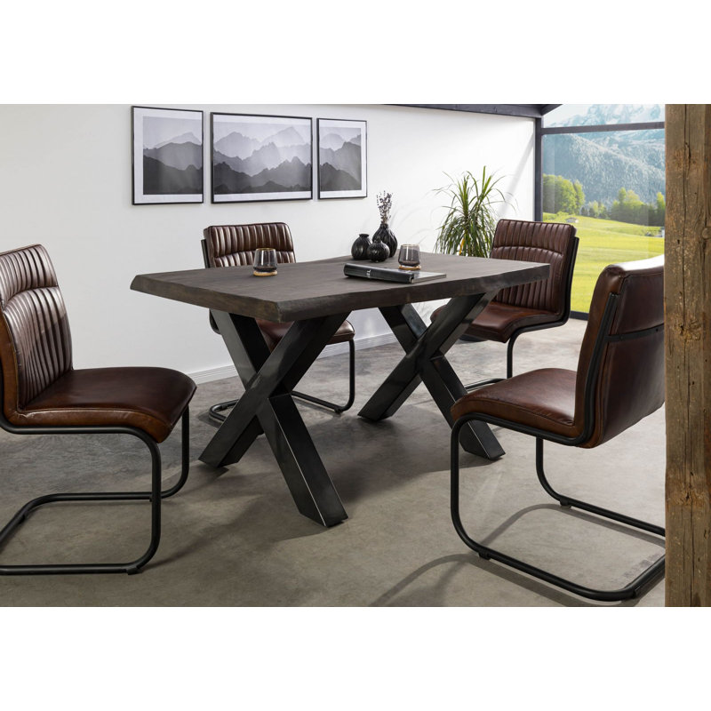 Solid Wood Top Metal Base Dining Table, Anthracite, Grey, 77 cm H x 140 cm L x 90 cm D
