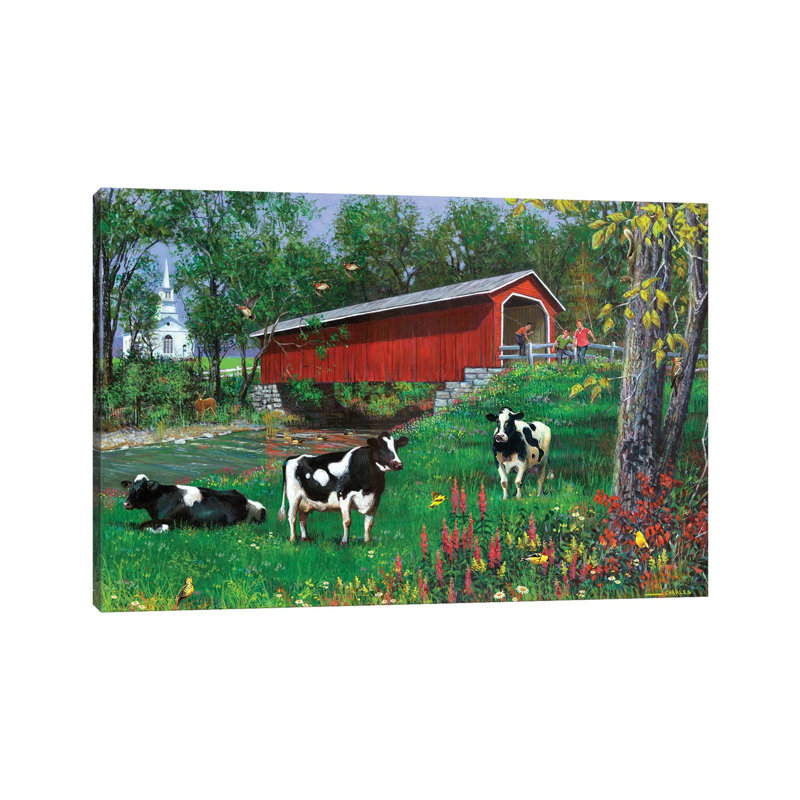 Summer Day Covered Bridge by J. Charles - Wrapped Canvas Painting, 66.04 cm H x 45.72 cm W x 1.91 cm D
