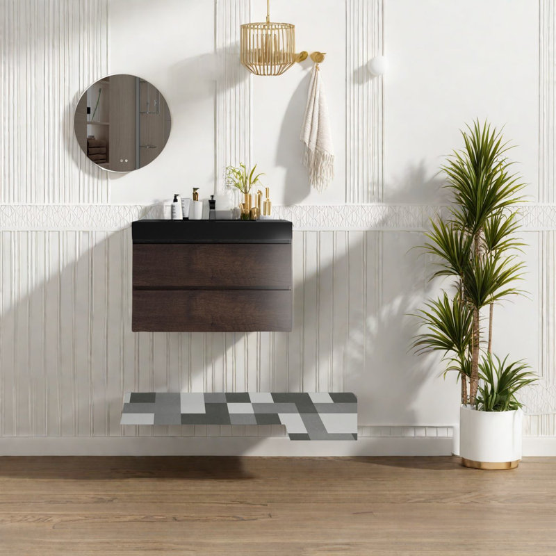 Meuble-lavabo de salle de bain spacieux en noyer, rangement mural moderne