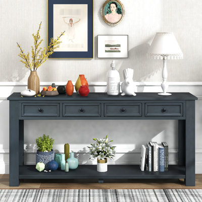 Console rectangulaire marine: bois massif pour la console du salon: élégante avec tablette inférieure et tiroir